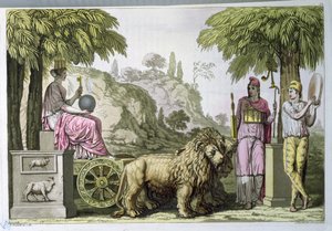 Cybele på vognen hennes og Attis, fra 'Le Costume Ancien ou Moderne' av Jules Ferrario, gravert av A. Biasioli, ca. 1820 (akvatint)